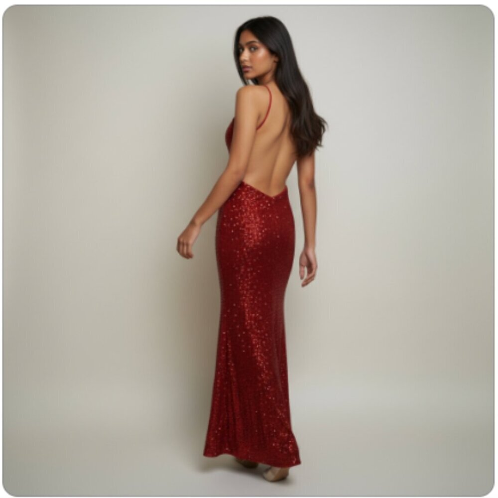 La Femme Deep Red Sequin Backless Prom Dress